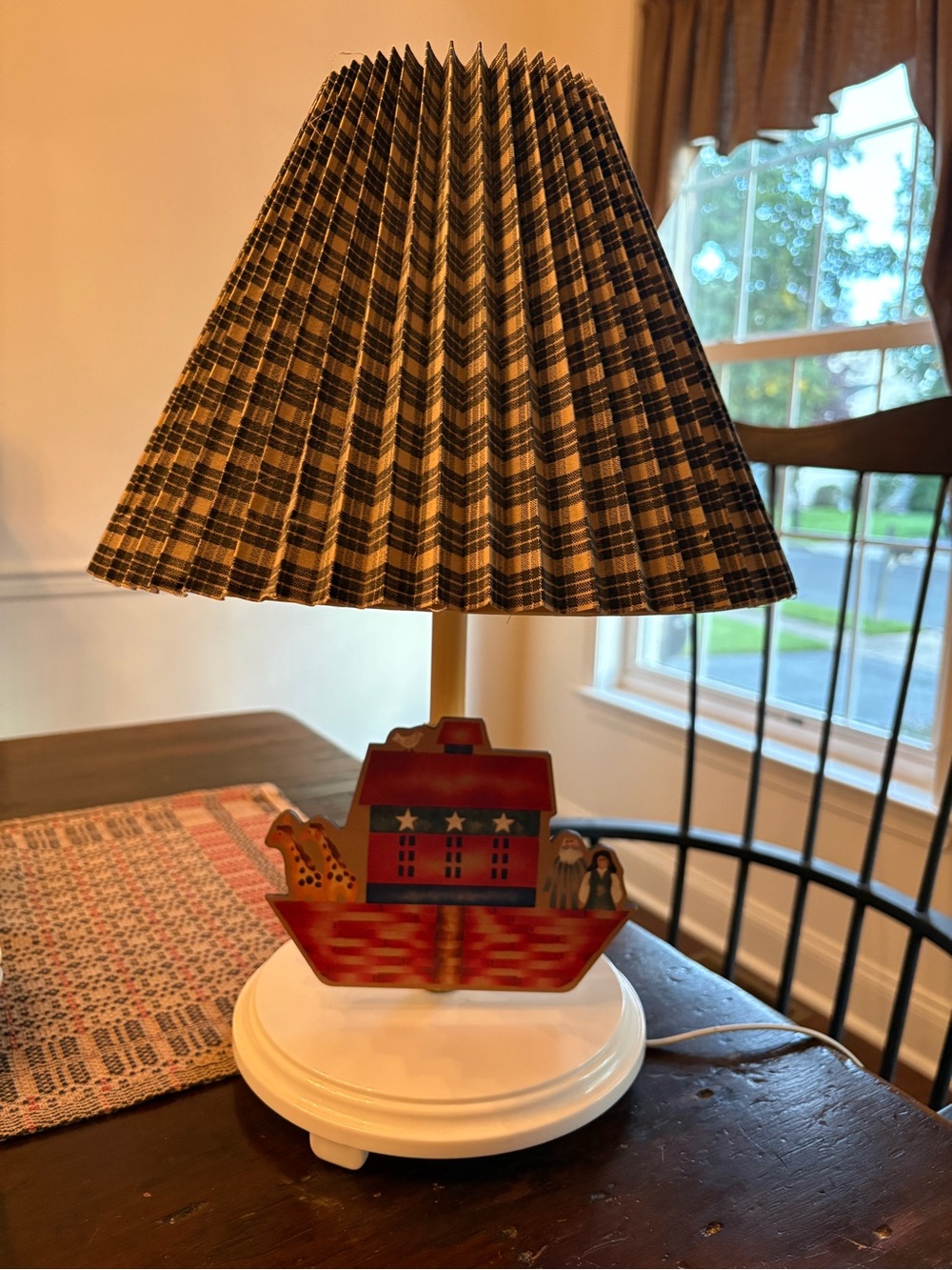 Country Plaid Table Lamp with Red Noah's Ark Base